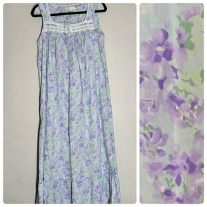 Eileen West Cotton Nightgown Blue Floral Eyelet Lace Pleated Button Sleeveless S